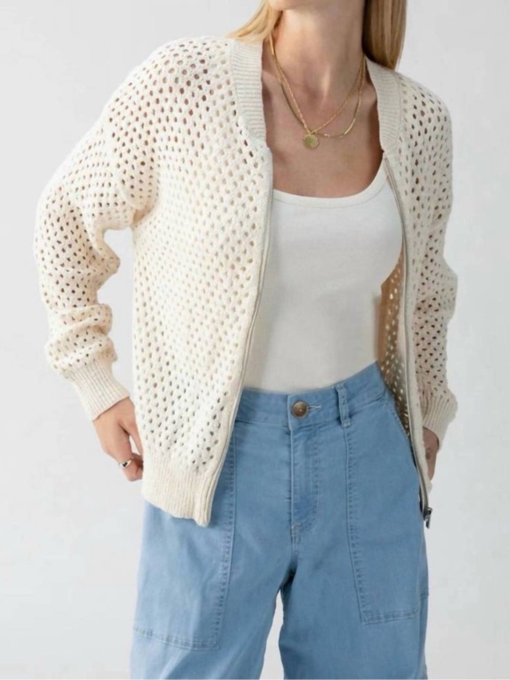 Sanctuary - Open-Weave Zip Bomber Cardigan Sweater - Small